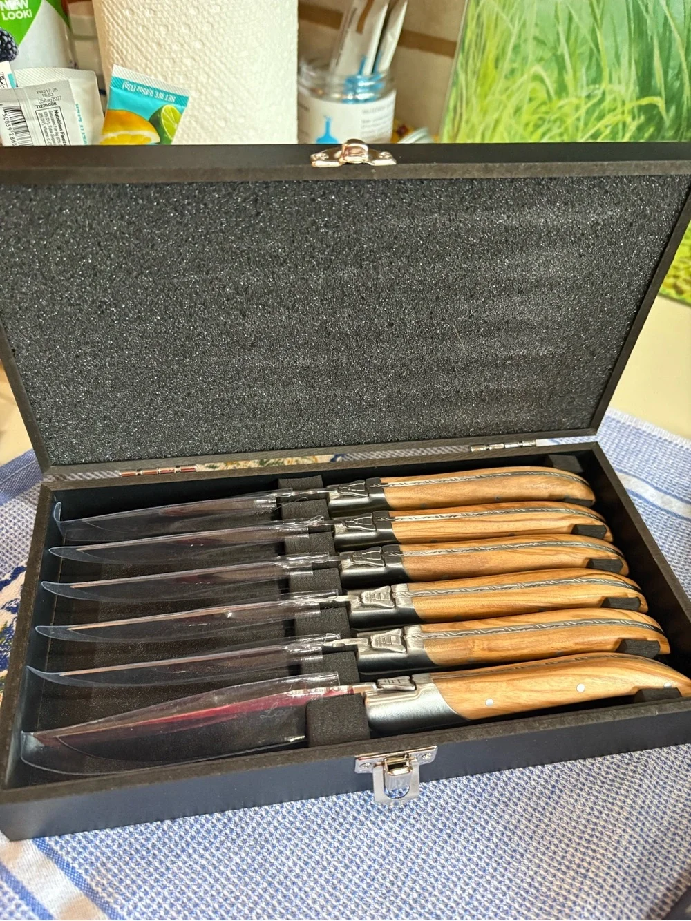 Laguiole Olive Wood Steak Knife & Fork Sets - Brown Wood Handles Set of 6 each